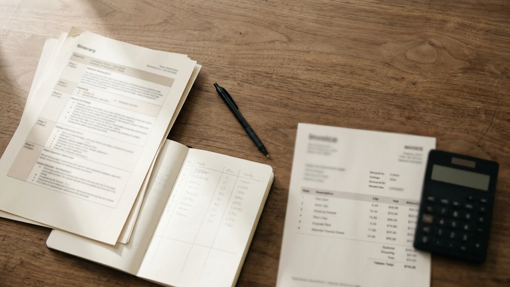 A tour operator's desk with a printed itinerary, a supplier invoice and a calculator beside a notebook of handwritten cost figures, lit by window light.