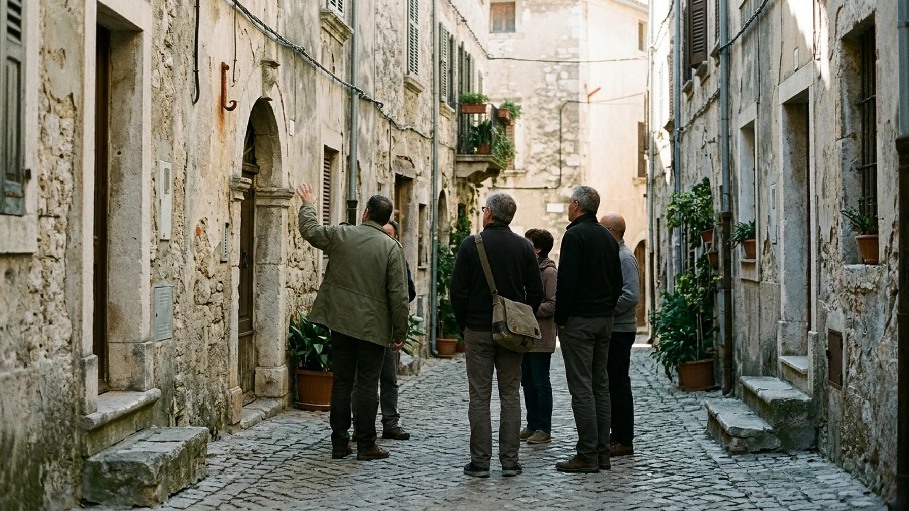 A guide with a small group on a stone street, gesturing toward a building facade while travelers listen
